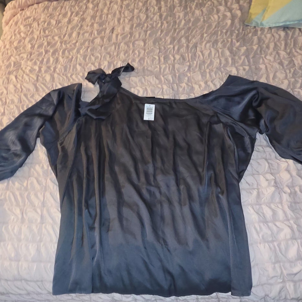 Black Satin One-Shoulder Tie Blouse for Women